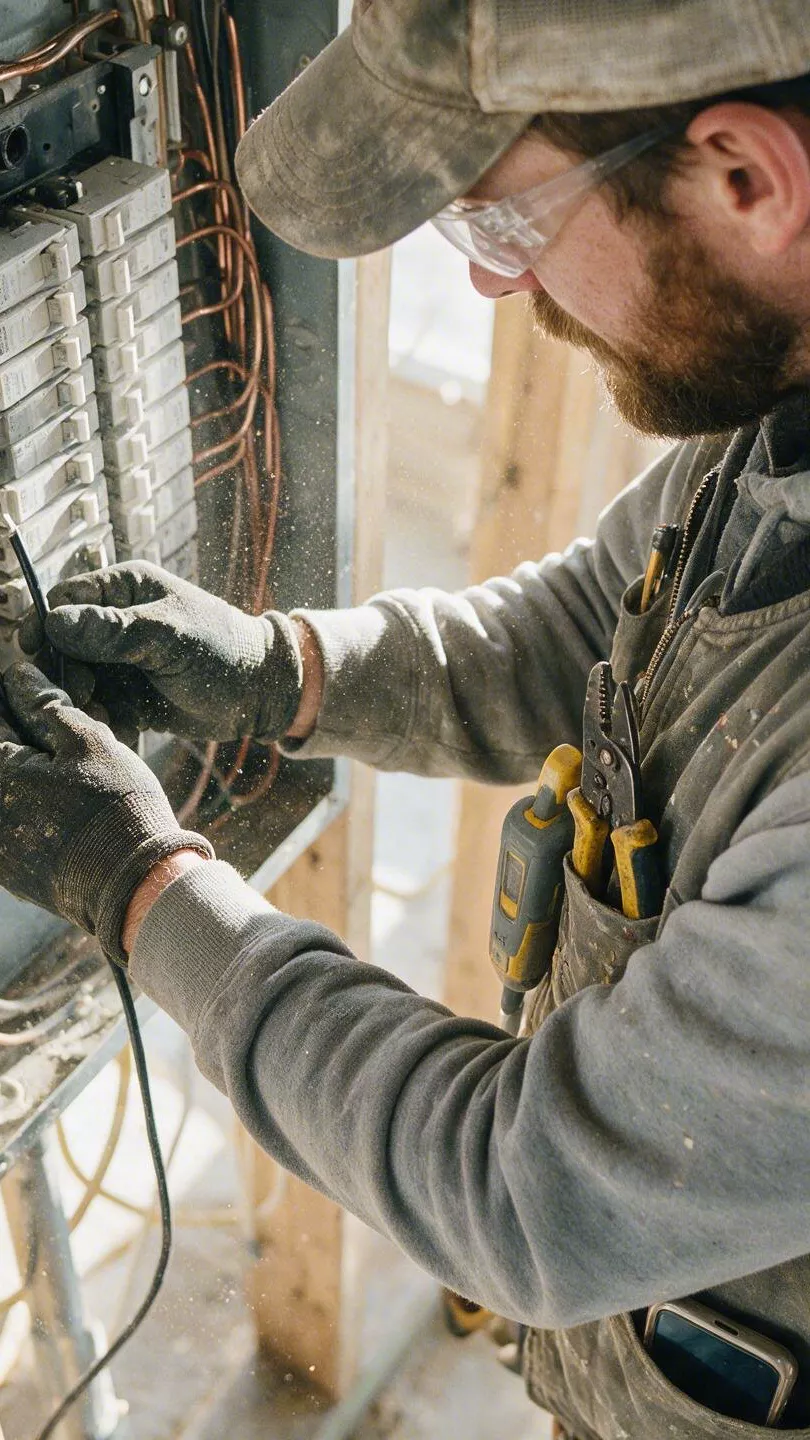 An electrician wiring a breaker panel
