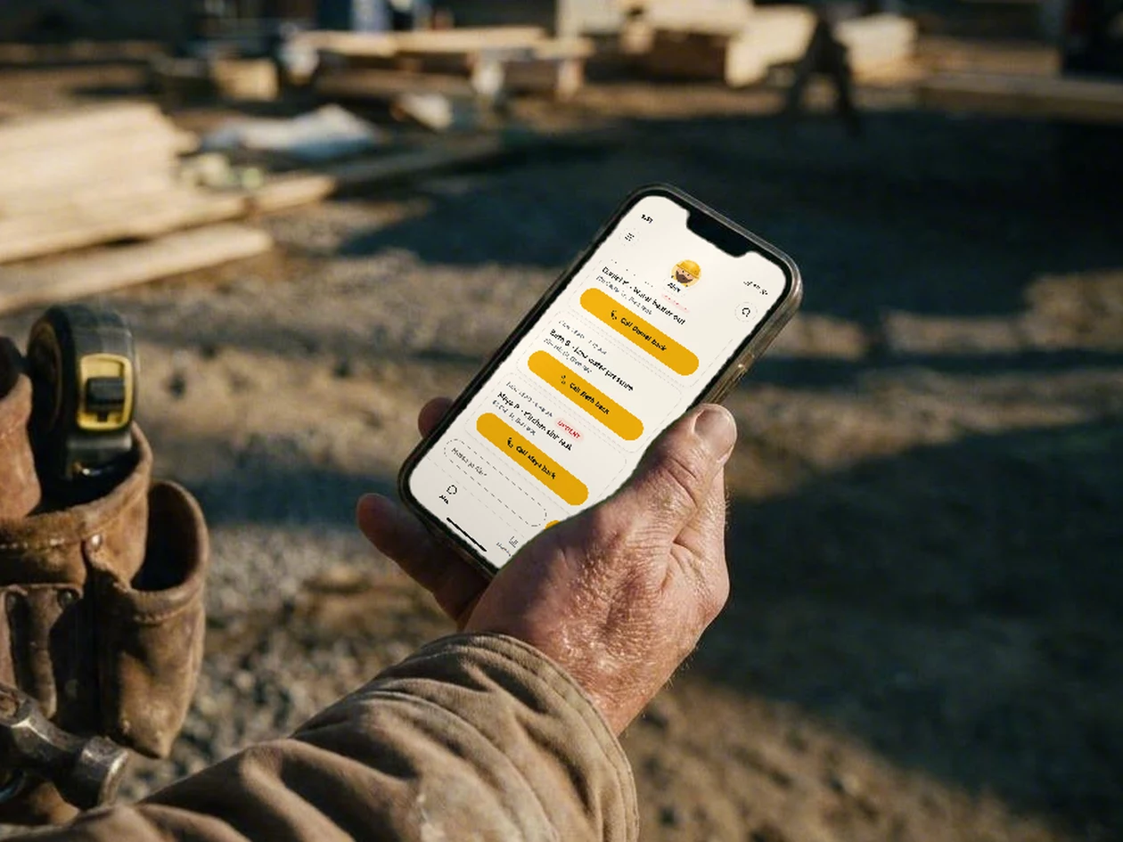 A tradesman on a jobsite holding his phone, showing new leads from Alex in the WorkBoots app