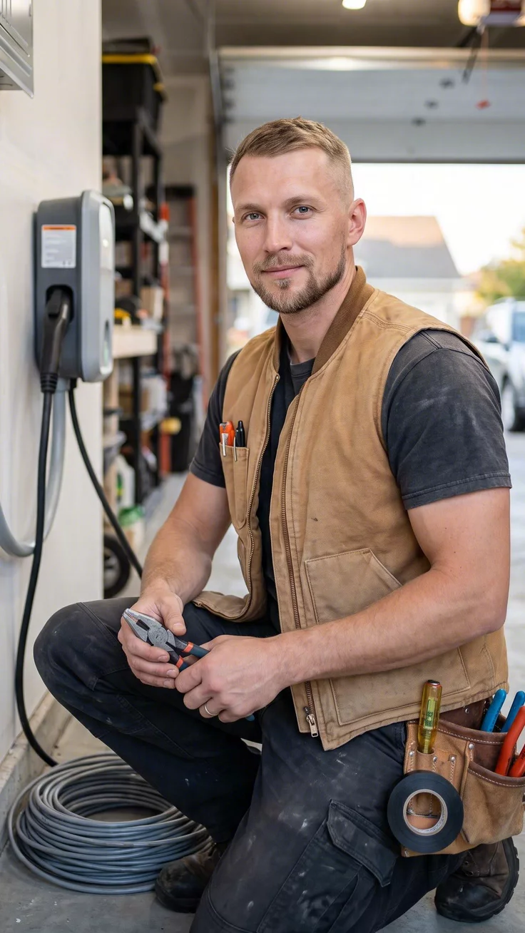 An electrician kneeling beside an EV charger in a garage