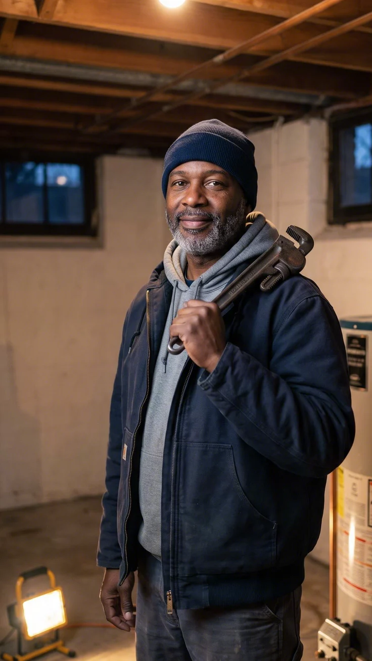 A plumber standing next to a water heater in a basement